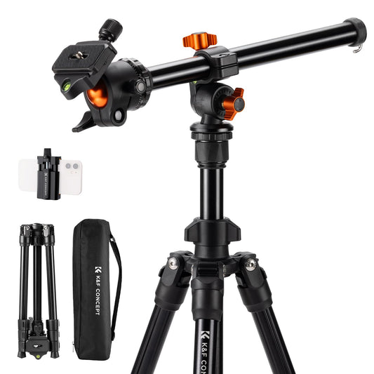 K&F CONCEPT O234A1 camera tripod with extension arm, 195cm mobile phone tripod, tripod for on the go, tripod for smartphone with mobile phone holder, aluminum travel tripod with BH-36 ball head - K234A0+BH-28L+Auslegearm