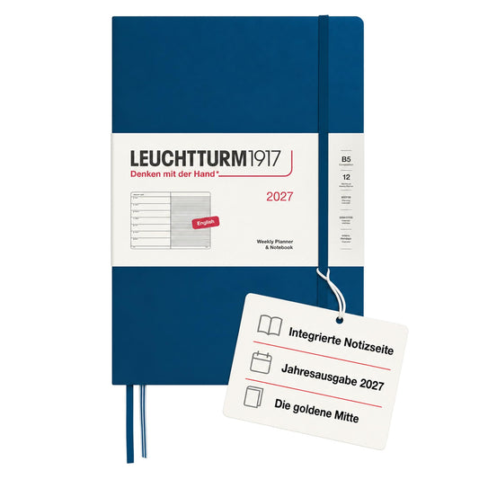 LEUCHTTURM1917 weekly calendar 2027 Composition (B5) with notebook, lined - appointment planner English, indigo, hardcover, 178 x 254 mm, January-December 2027, weekly overview on the left + note page on the right - 400211