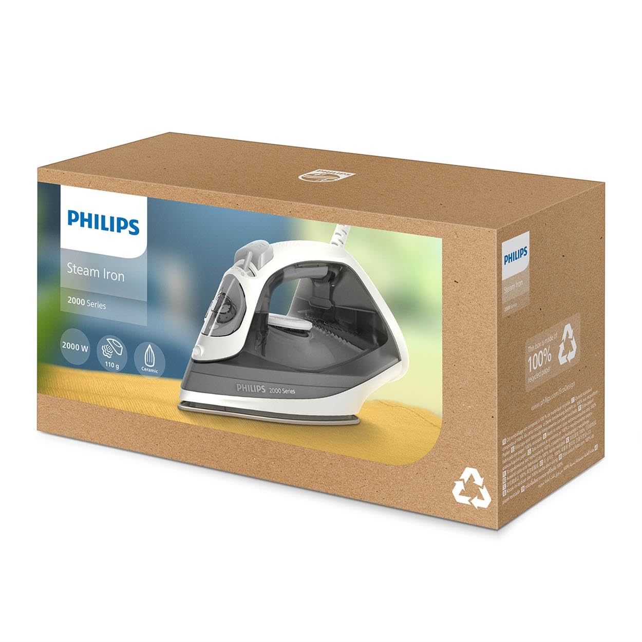 Philips 2000 series steam iron - Up to 25 g/min continuous steam. 2000W. 250ml water tank. Fast de-creasing. 4 steam levels. Ceramic sole. Light weight for easy ironing. Gray (DST2020/80)