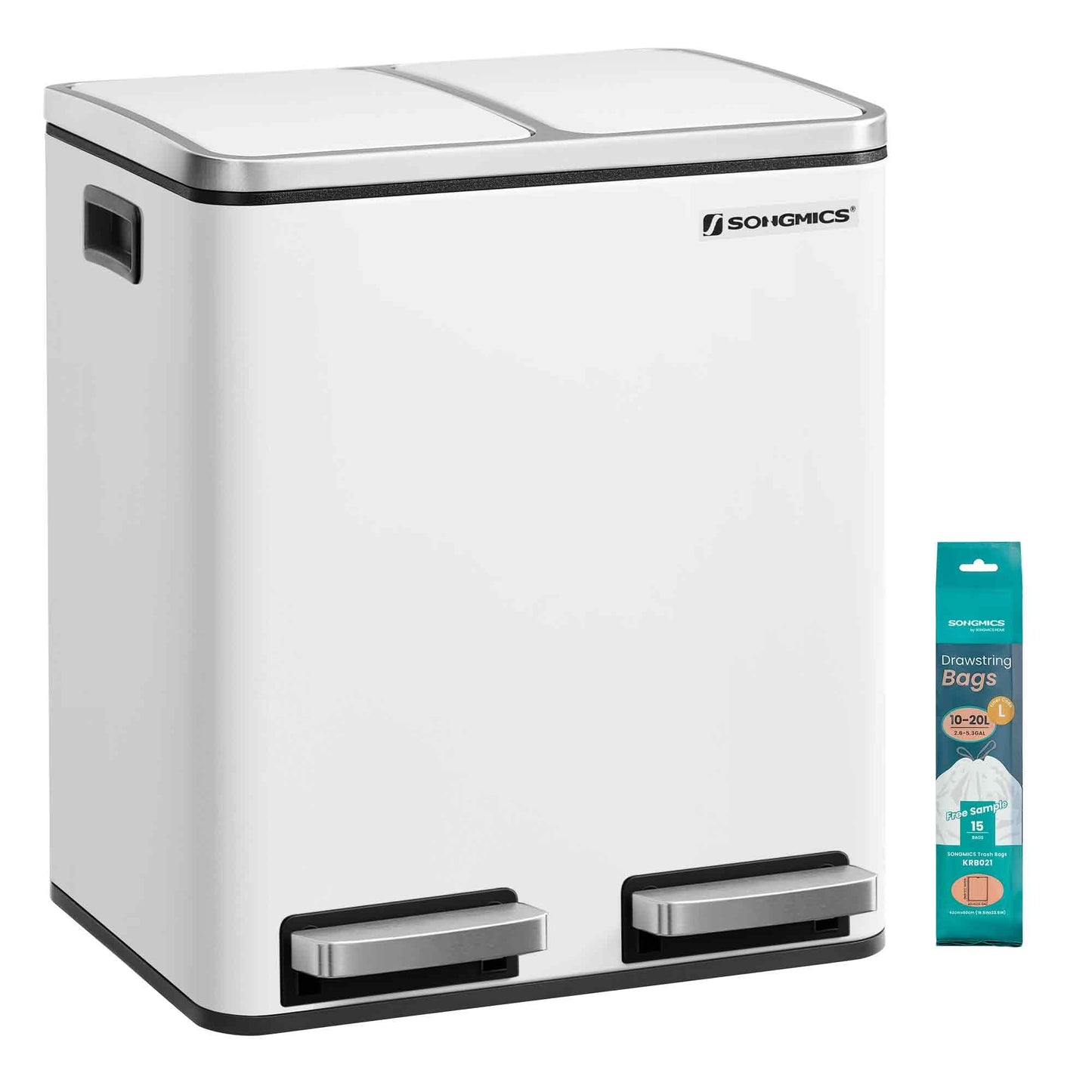 SONGMICS kitchen trash can, 2 x 15 liters, waste separation system 2 compartments, including 15 trash bags, trash can, pedal bin, recyclable waste, organic waste, soft close lid, cloud white LTB30WT