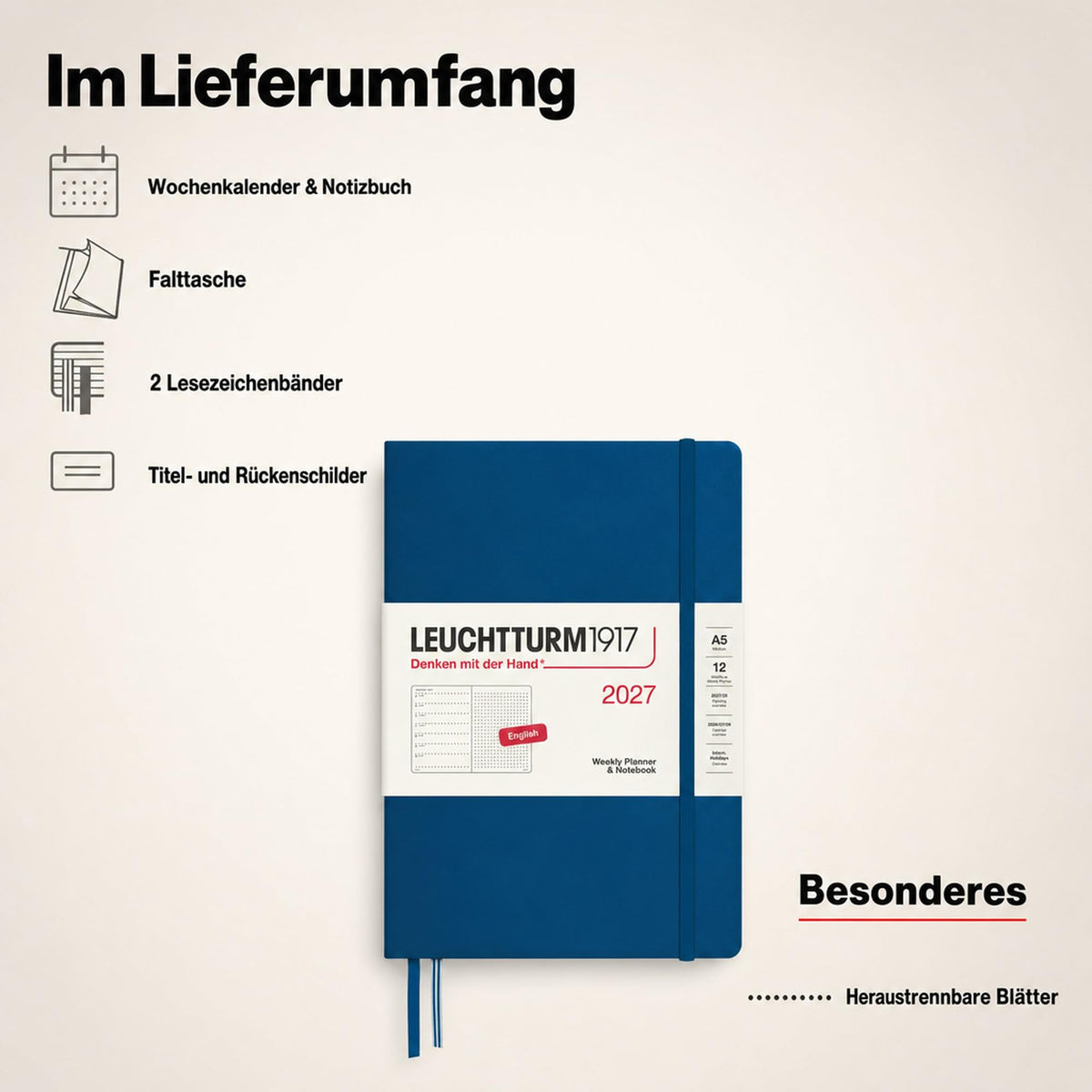 LEUCHTTURM1917 calendar săptămânal 2027 punctat mediu (A5) cu caiet, punctat - planificator de întâlniri engleză, indigo, hardcover, 145 x 210 mm, ianuarie-decembrie 2027, prezentare săptămânală în stânga + pagina de note în dreapta - 400263