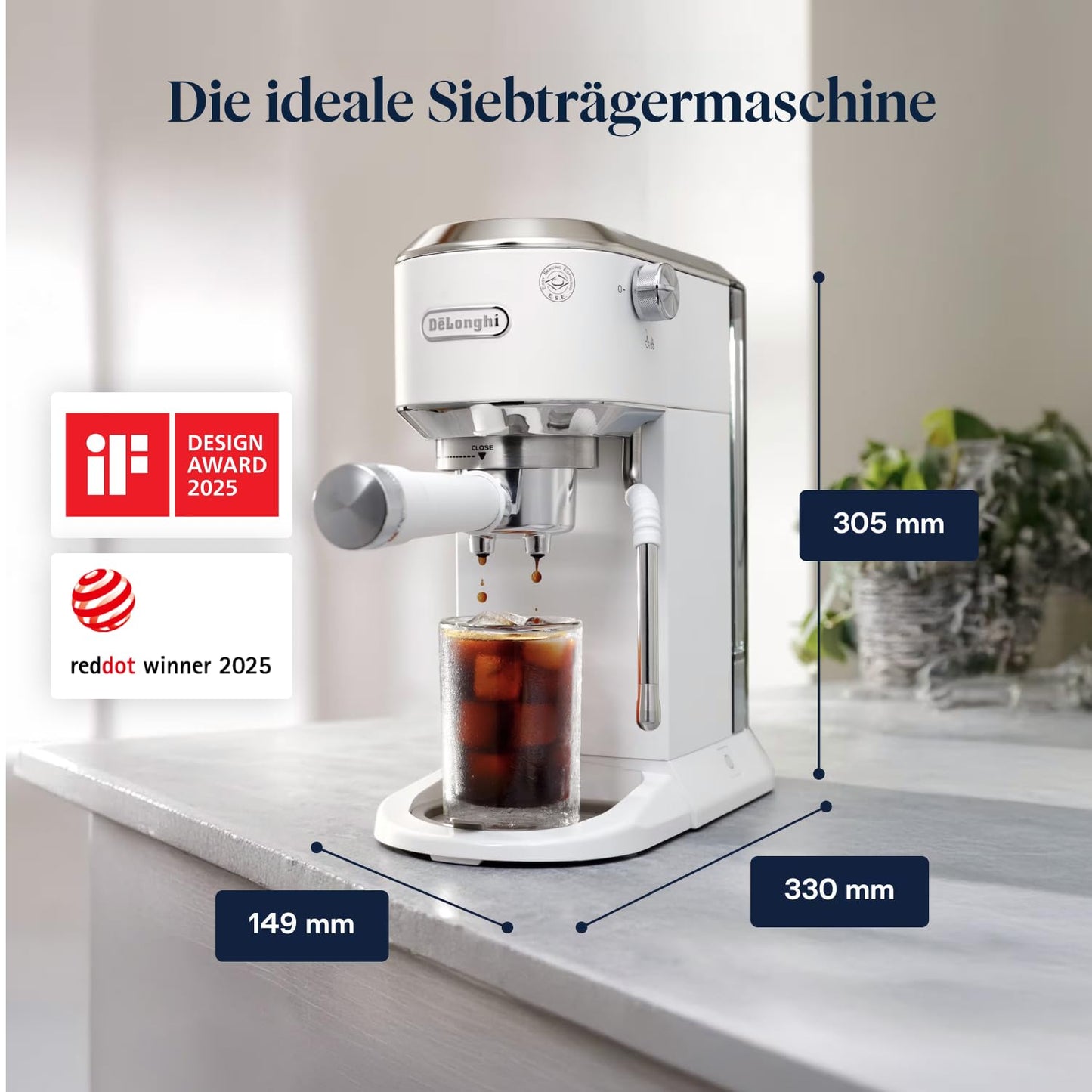 De'Longhi Dedica Duo - Perfetto compact portafilter machine espresso machine with soft-touch icons, manual milk frother for espresso, cappuccino and cold brew, 15cm wide, white (EC890.WI)