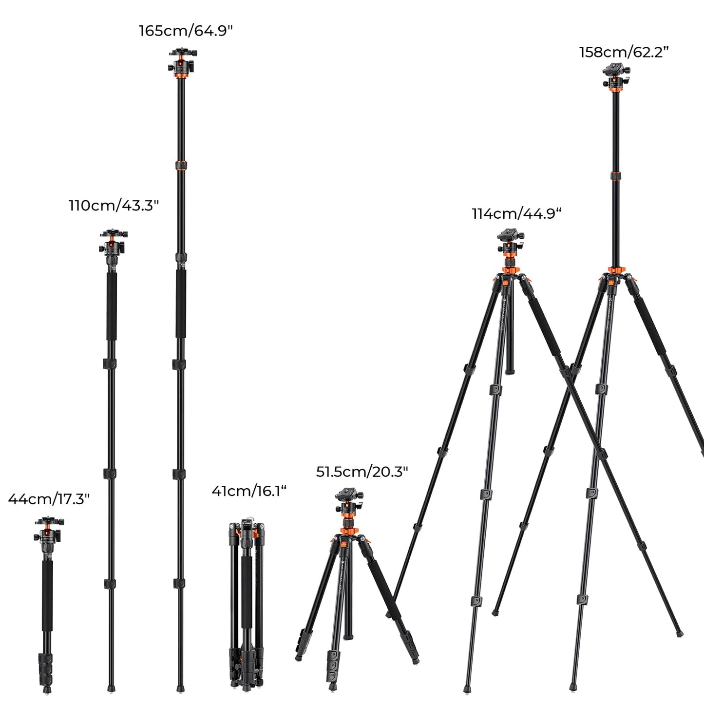 K&F Concept O254A1 camera tripod, compact tripod 158cm for SLR camera, DSLR tripod travel tripod with 360° ball head incl. quick-release plate tripod bag - O254A1+BH-28L