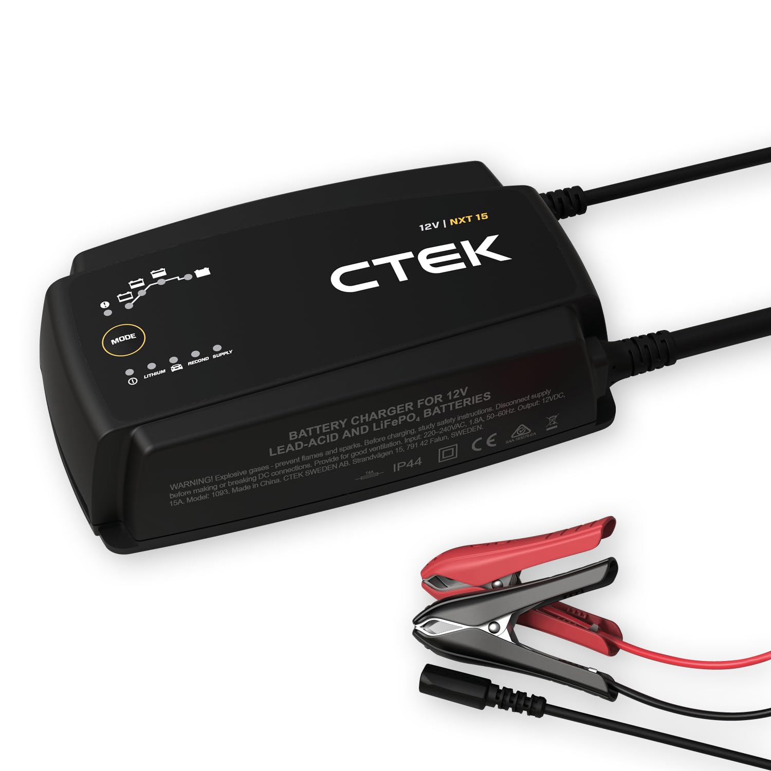 CTEK NXT 15 Smart Battery Charger 12V 15A Lithium Compatible Reconditioning and Supply Mode Temperature Compensation Battery Maintenance Tool for Automotive, Boat and RV - 40-725