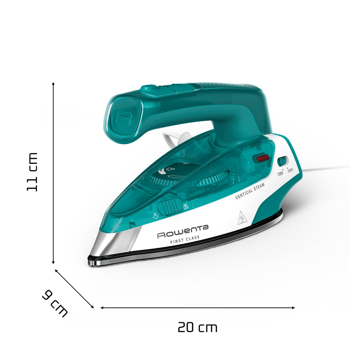 Fier de călcat cu aburi Rowenta First Class, format de călătorie pliabil, 45 g/min. impuls de aburi suplimentar, compact, ușor, încălzire rapidă, abur vertical, 1000 Watt, Alb/Petrol, DA1610E0