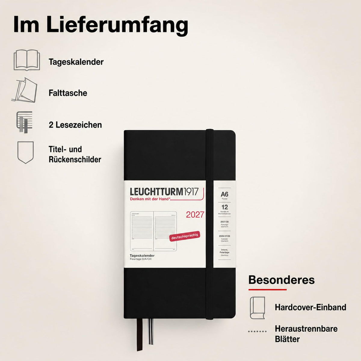 LEUCHTTURM1917 Daily Calendar 2027 Pocket (A6) - German, black, 90 x 150 mm, January-December (12 months), 1 page per day, hourly grid 7:00-22:00, hardcover, 80 g/m² paper - 400164