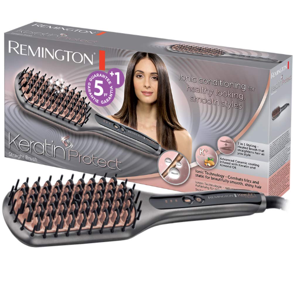 Remington straightening iron & hairbrush for reduced styling time (keratin ceramic coating enriched with almond oil, digital display, 150-230°C) CB7480, ionic technology, grey/rose gold - 45605560100
