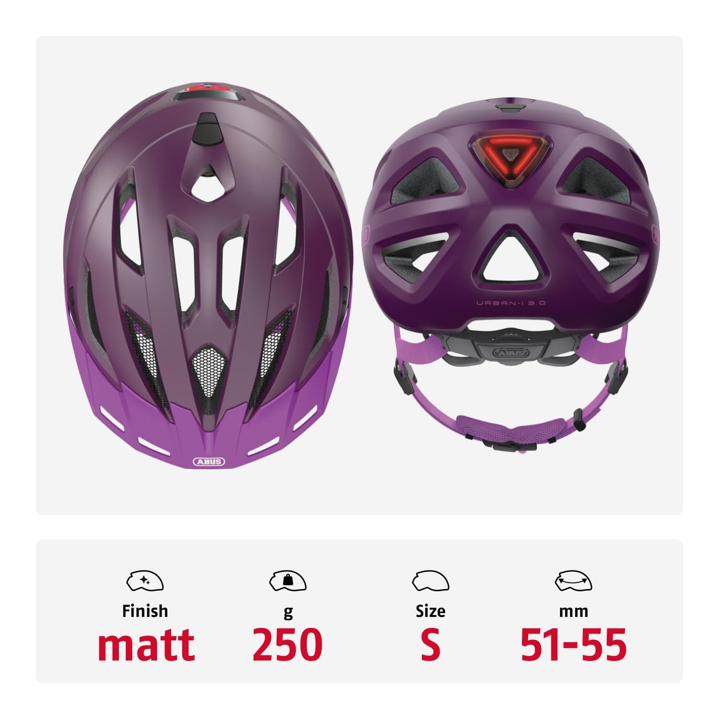 ABUS city helmet Urban-I 3.0 - bicycle helmet with rear light, peak and magnetic fastener - for women and men - purple, size S - 86886