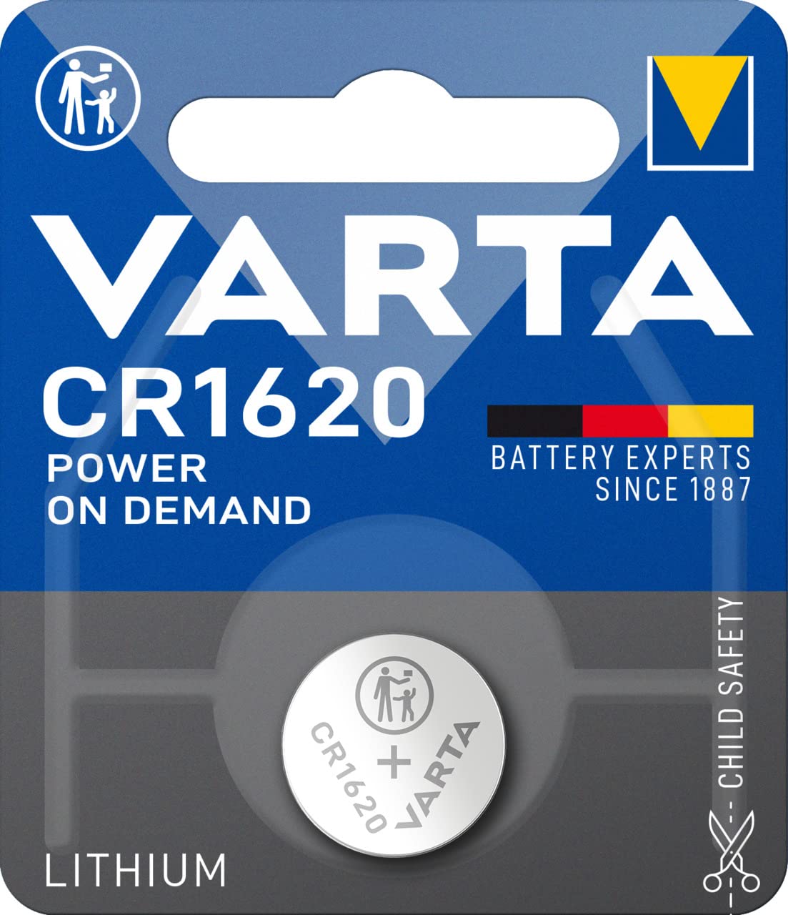 VARTA Button Cell Batteries CR1620, Pack of 10, Power on Demand, Lithium, 3V, safety-sealed packaging, for Smart Home devices, car keys, and other applications. - 4008496057795