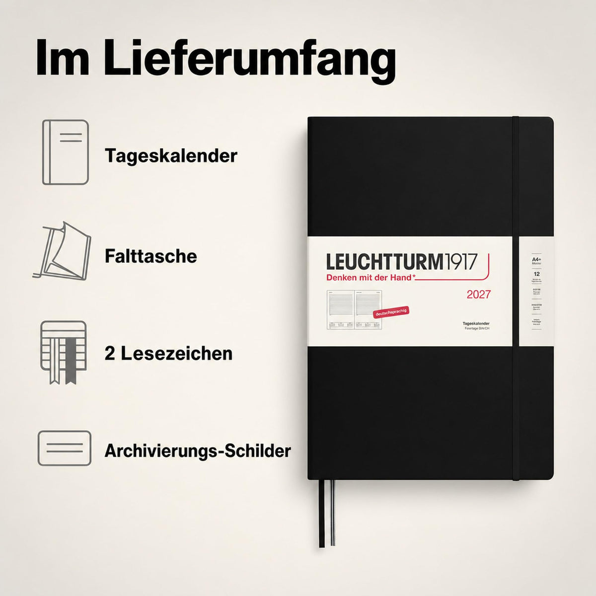 LEUCHTTURM1917 Calendar zilnic 2027 A4+ (Master) - germană, negru, 225 x 315 mm, ianuarie-decembrie (12 luni), 1 pagină pe zi, grilă orară 7:00-22:00, copertă cartonată, hârtie de 100 g/m² - 400156
