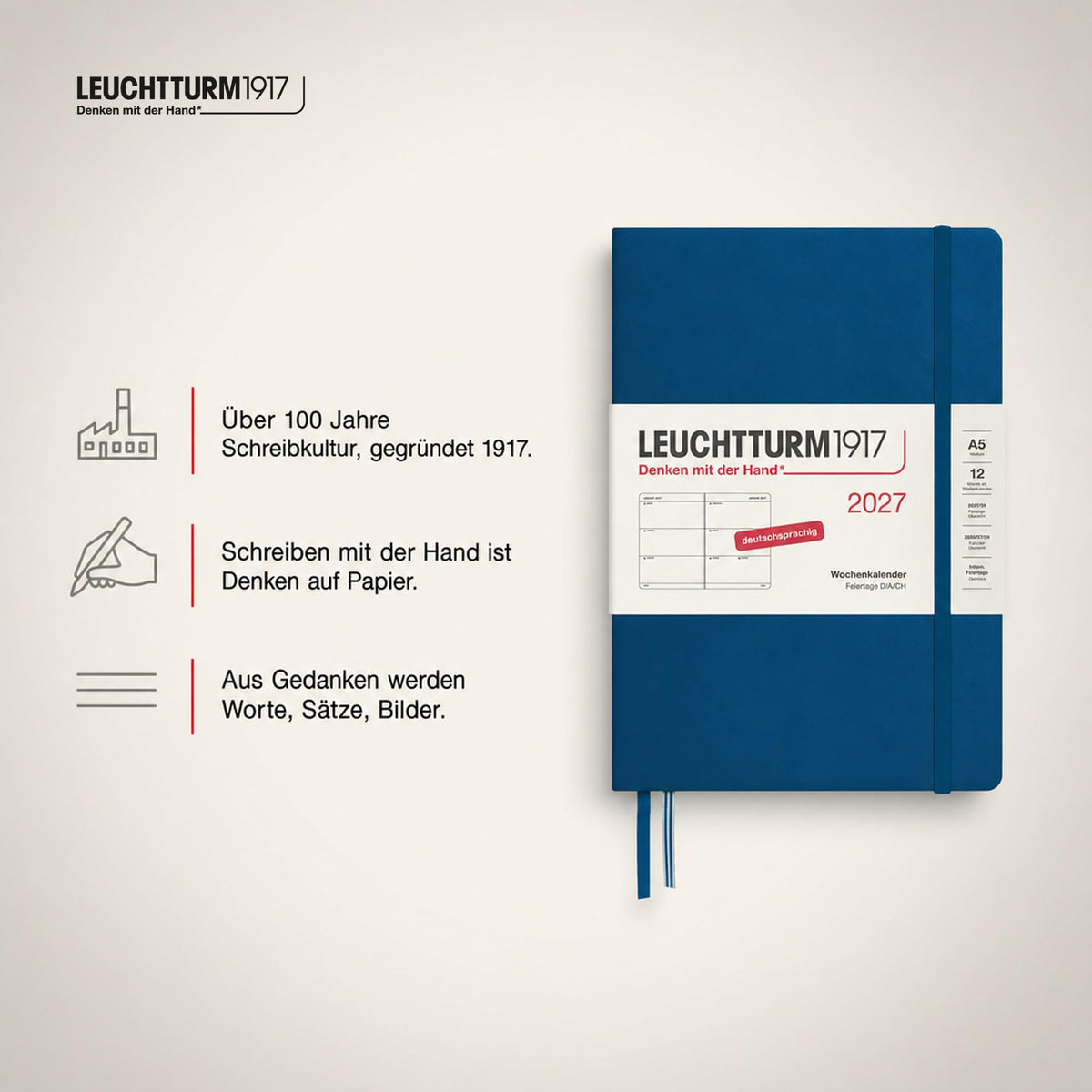 LEUCHTTURM1917 Calendar săptămânal 2027 Mediu (A5) - Germană, Indigo, Hardcover, 145 x 210 mm, 12 luni - ianuarie-decembrie 2027, 1 săptămână pe pagină dublă, hârtie de 80 g/m² cu compatibilitate ridicată cu cerneală - 400107