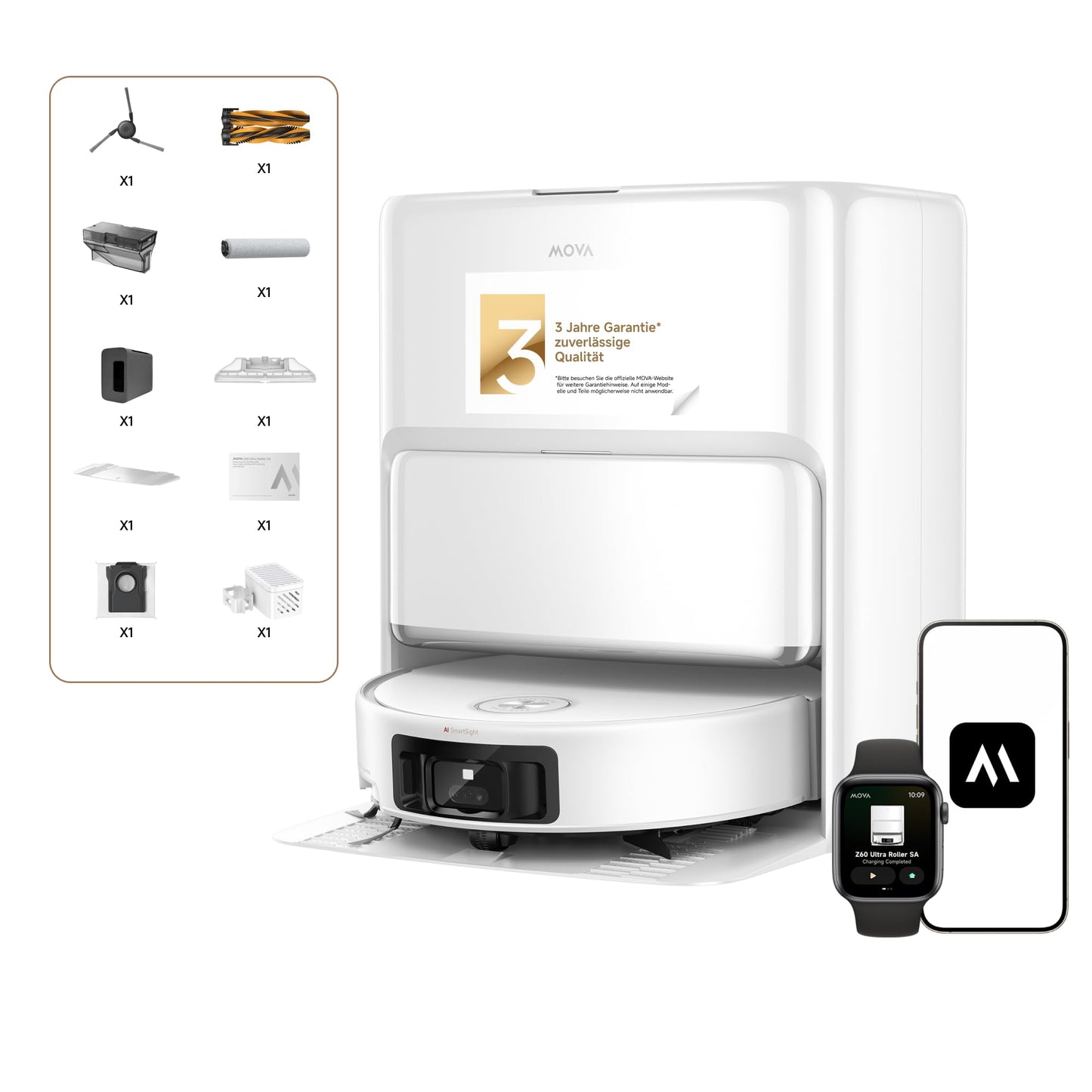 Mova Z60 Ultra Roller standalone vacuum robot, 26,000 Pa suction power, HydroForce wiping, MaxiReach technology, FlexScope radar with lifting function, AutoShield technology, triple anti-tangle. All-in-one station - RLZ73CE