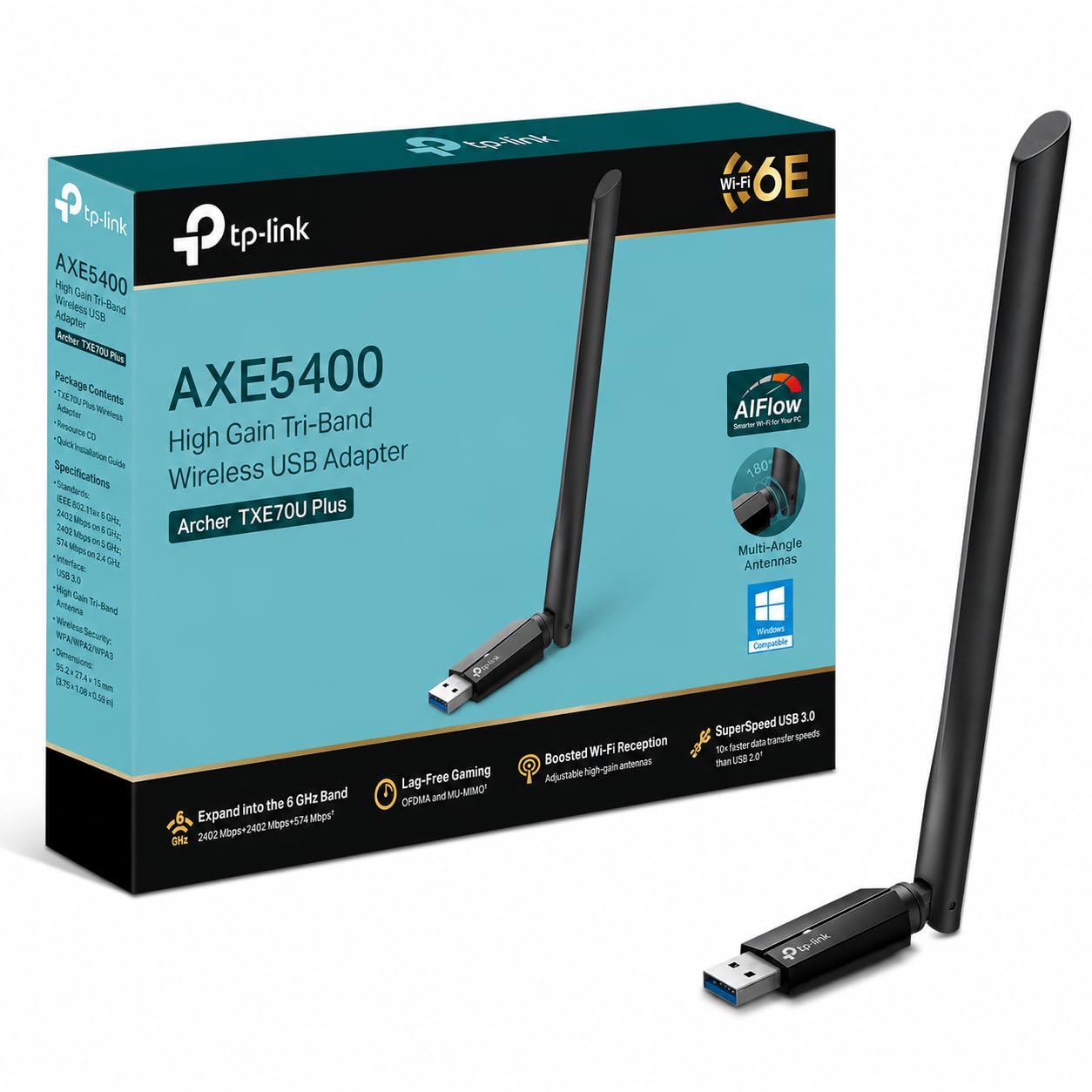 TP-Link Archer TXE70U Plus WLAN stick for PC WiFi 6E, AXE5400 USB WLAN adapter tri-band, USB 3.0, high-gain antennas, WPA3, compatible with Windows 11/10
