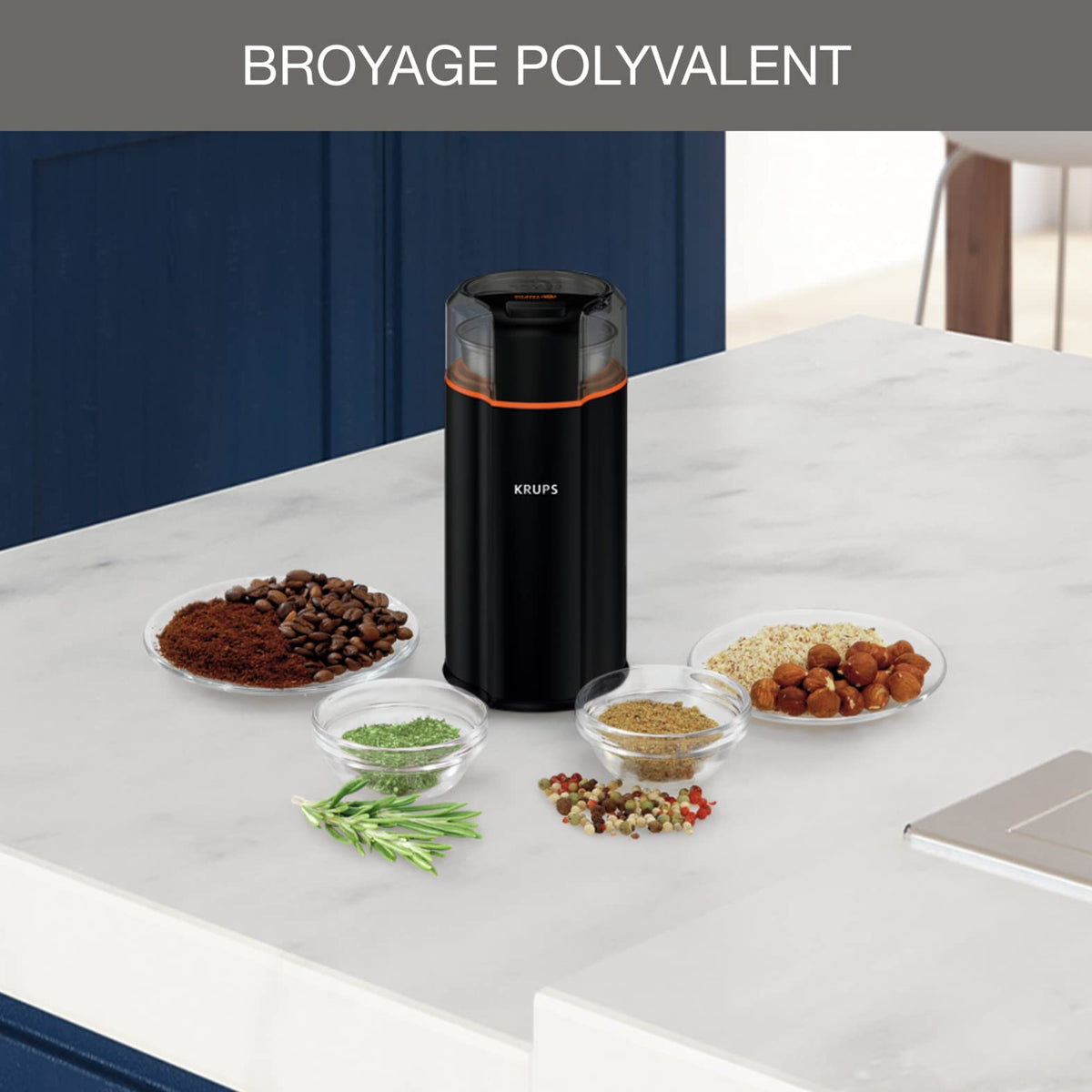 Krups GX3328 Silent Vortex Moară electrică pentru cafea și condimente | 3 în 1 mecanism de măcinare pentru boabe de cafea, condimente, ierburi | super silențioasă | lavabilă în mașina de spălat vase | bol de măcinare detașabil + capac | Negru