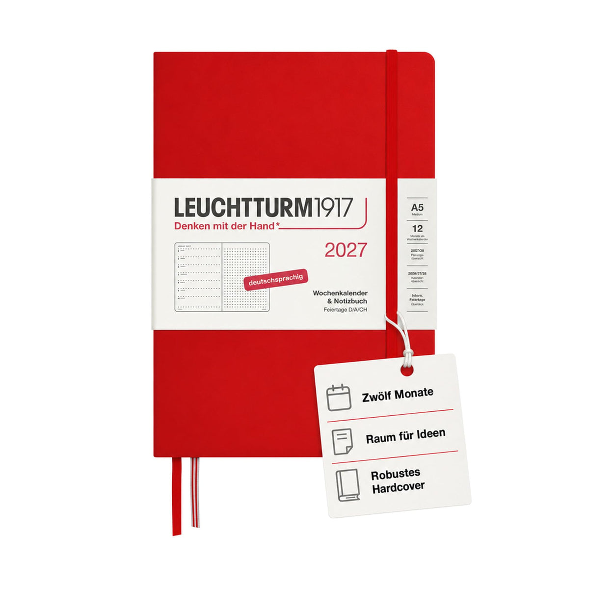 LEUCHTTURM1917 Calendar săptămânal 2027 punctat mediu (A5) cu caiet - Planificator de întâlniri german, cireș, ianuarie-decembrie 2027, prezentare generală săptămânală în stânga + pagină cu note în dreapta - 400092
