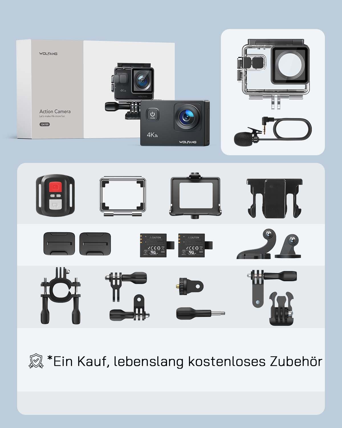 WOLFANG Action Cam GA100 4K 30FPS 20MP WiFi, waterproof 40M underwater camera, EIS anti-vibration, 170° wide angle, remote control, double microphone, 2 x 1050mAh battery, accessory kit