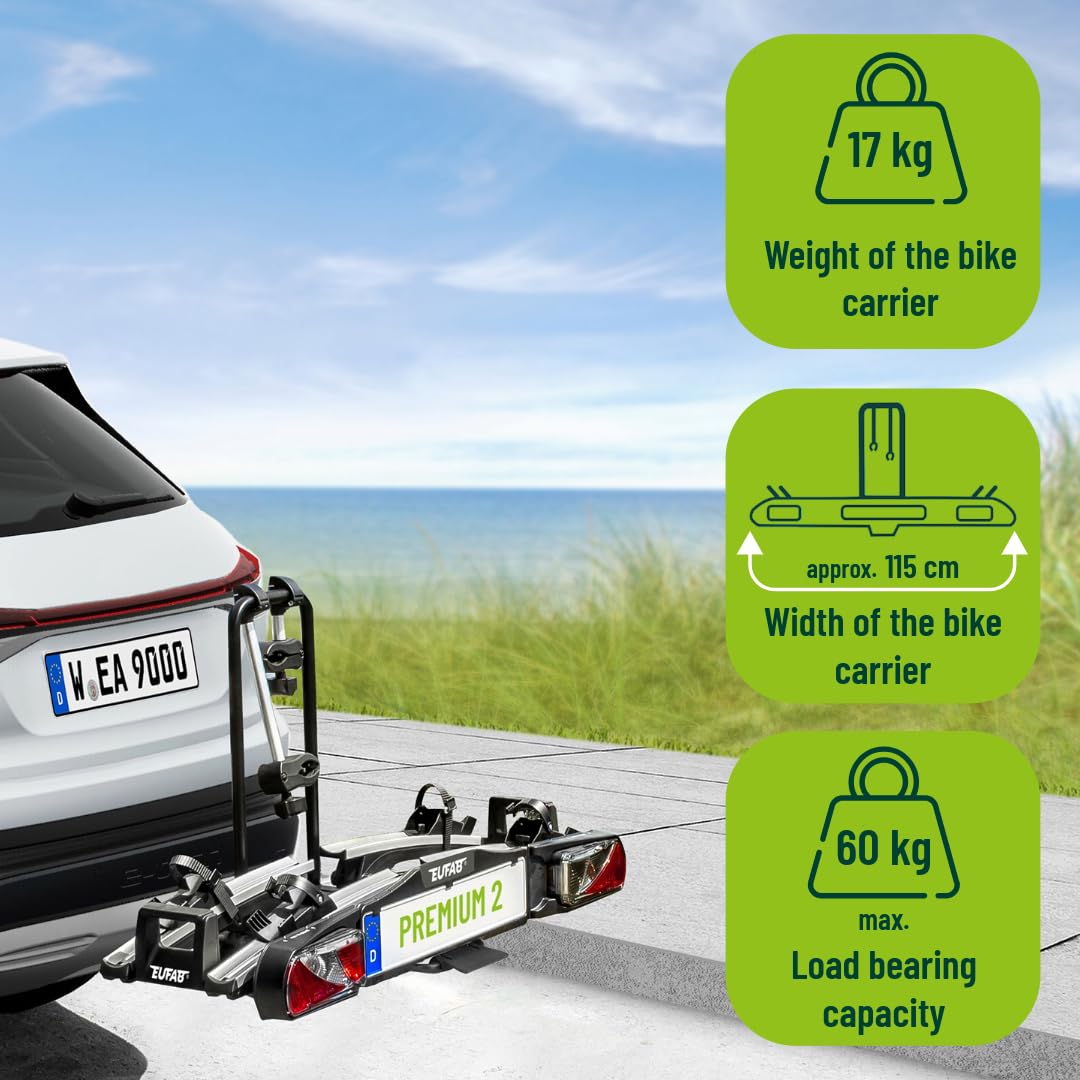 EUFAB 11521 bicycle carrier PREMIUM 2, suitable for e-bikes, completely pre-assembled, anti-theft protection, for 2 bicycles, for trailer hitch, black, silver