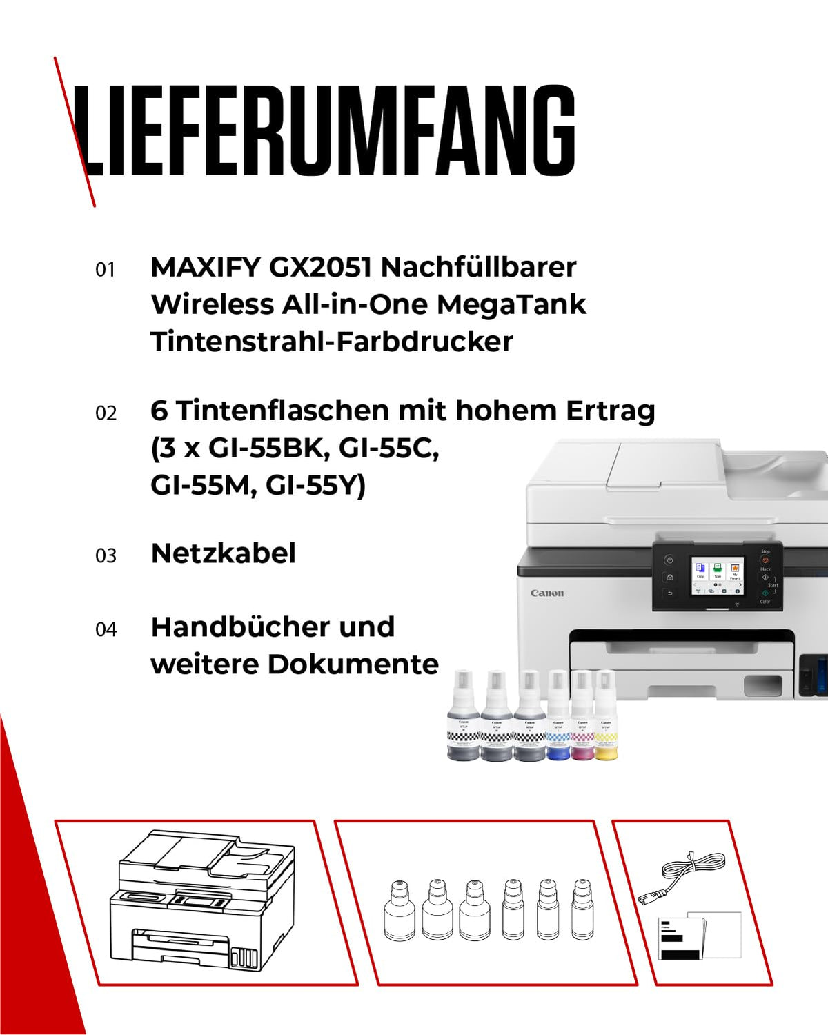 Canon MAXIFY GX2051 Imprimantă cu jet de cerneală 4-in-1 Multifuncțională DIN A4 (Imprimantă, Scanner, Copiator, Fax, ADF, 600x1200 DPI, WLAN, USB, Imprimare duplex, Casetă de 250 de coli) Include 6 x Sticle de cerneală