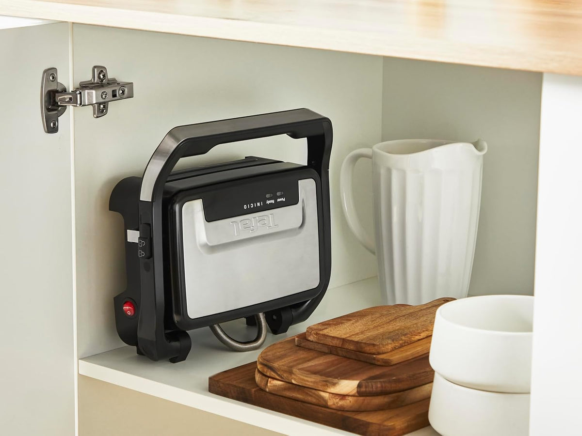 Tefal Inicio Compact 2-in-1 Contact and Panini Grill, 1000 W, compact design, stainless steel housing, juice collecting tray, non-stick grill plates, stainless steel/black, GC270D10