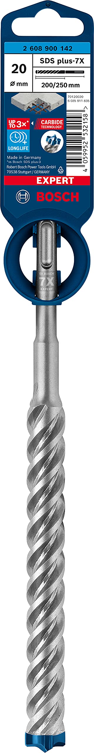 Bosch Professional 1x Expert SDS plus-7X Burghiu cu ciocan (pentru beton armat, Ø 20,00x250 mm, Accesorii pentru ciocanul de găurit) - 2608900142