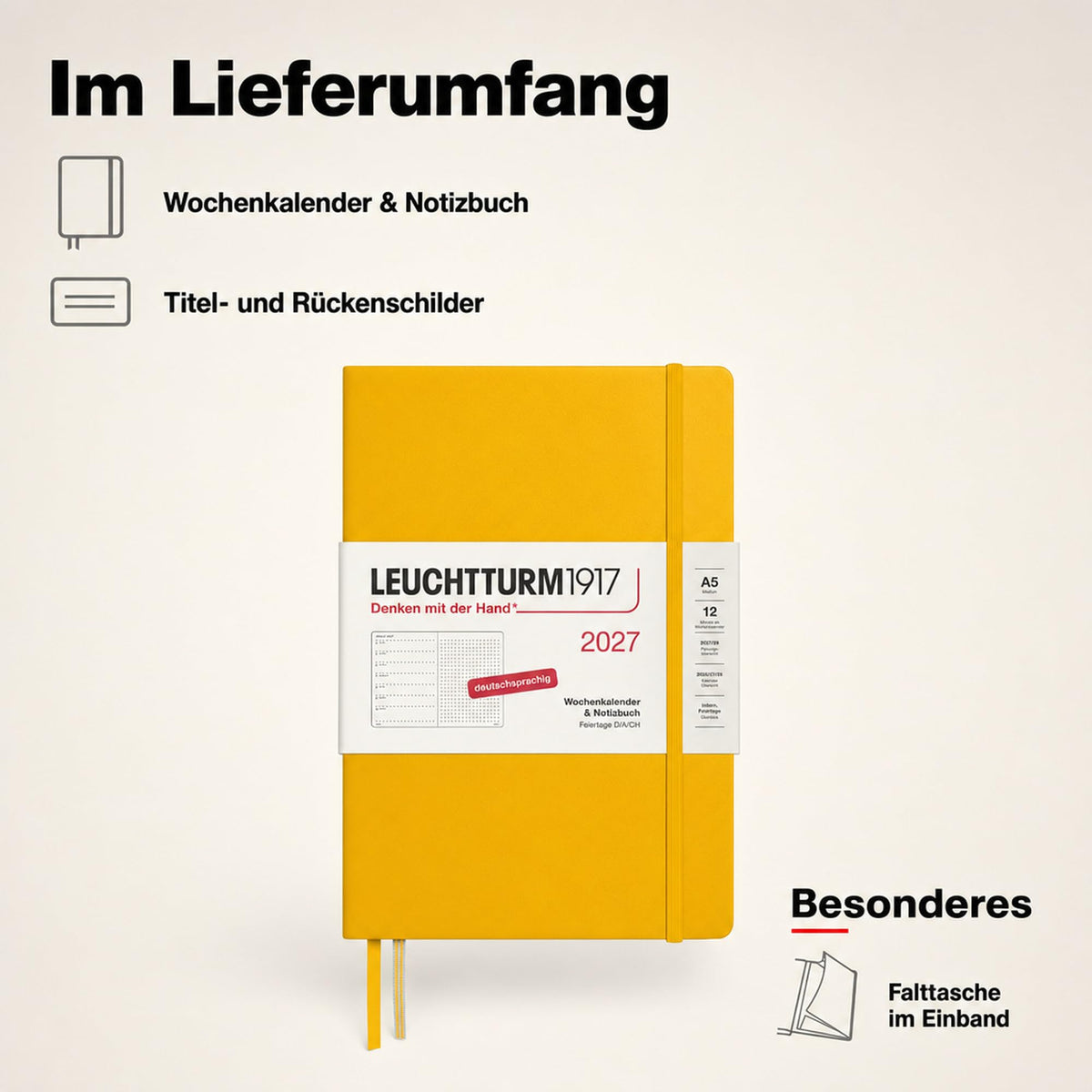 LEUCHTTURM1917 Calendar săptămânal 2027 punctat mediu (A5) cu caiet - Planificator de întâlniri german, floarea soarelui, ianuarie-decembrie 2027, prezentare generală săptămânală în stânga + pagină cu note în dreapta - 400093