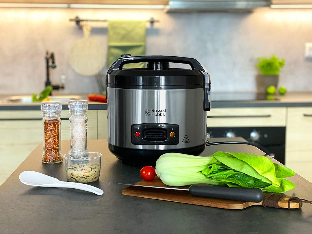 Russell Hobbs rice cooker 1.2l incl. steamer insert with aroma hinged lid (keep warm function, non-stick coated cooking pot, rice spoon & measuring cup, stainless steel) 27080-56