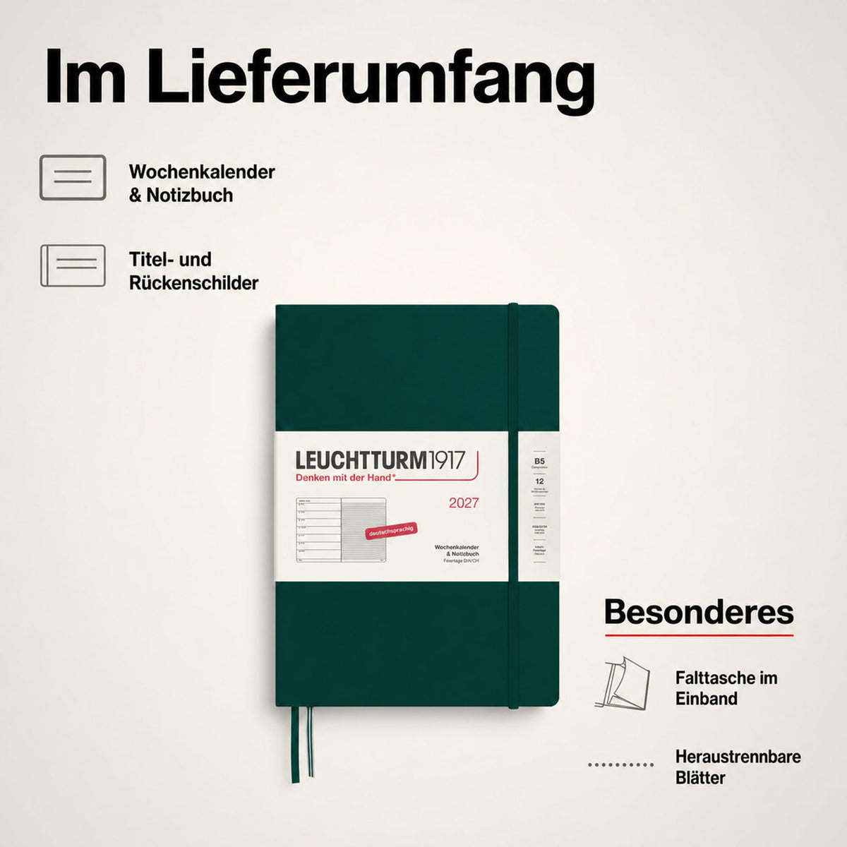 LEUCHTTURM1917 Calendar săptămânal 2027 Compoziție (B5) cu caiet - Planificator de întâlniri german, Verde pădure, ianuarie-decembrie 2027, Prezentare generală săptămânală în stânga + Pagina de note în dreapta - 400043