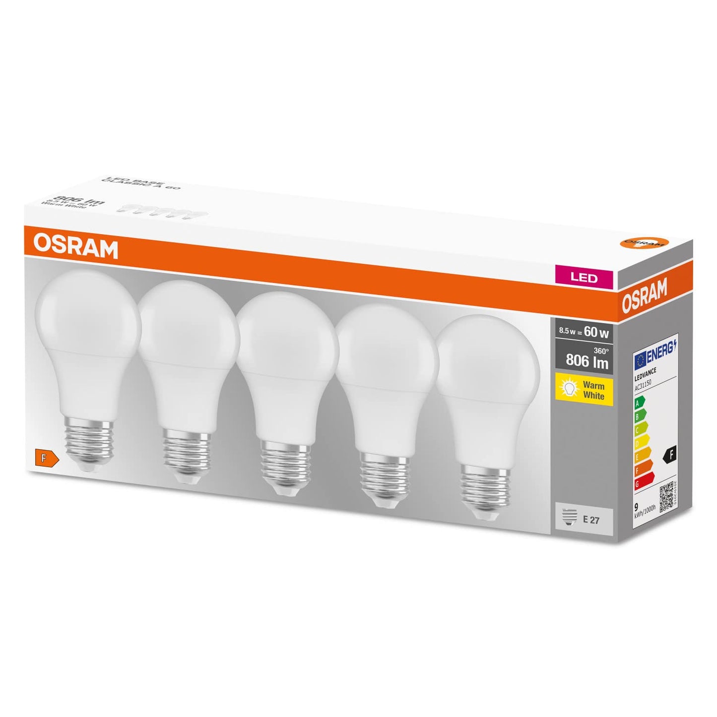 Osram LED bulb, base: E27, warm white, 2700K, 8.50W, replacement for 60W bulb, matt, LED BASE CLASSIC A, 10 x pack of 5 - 4058075090491