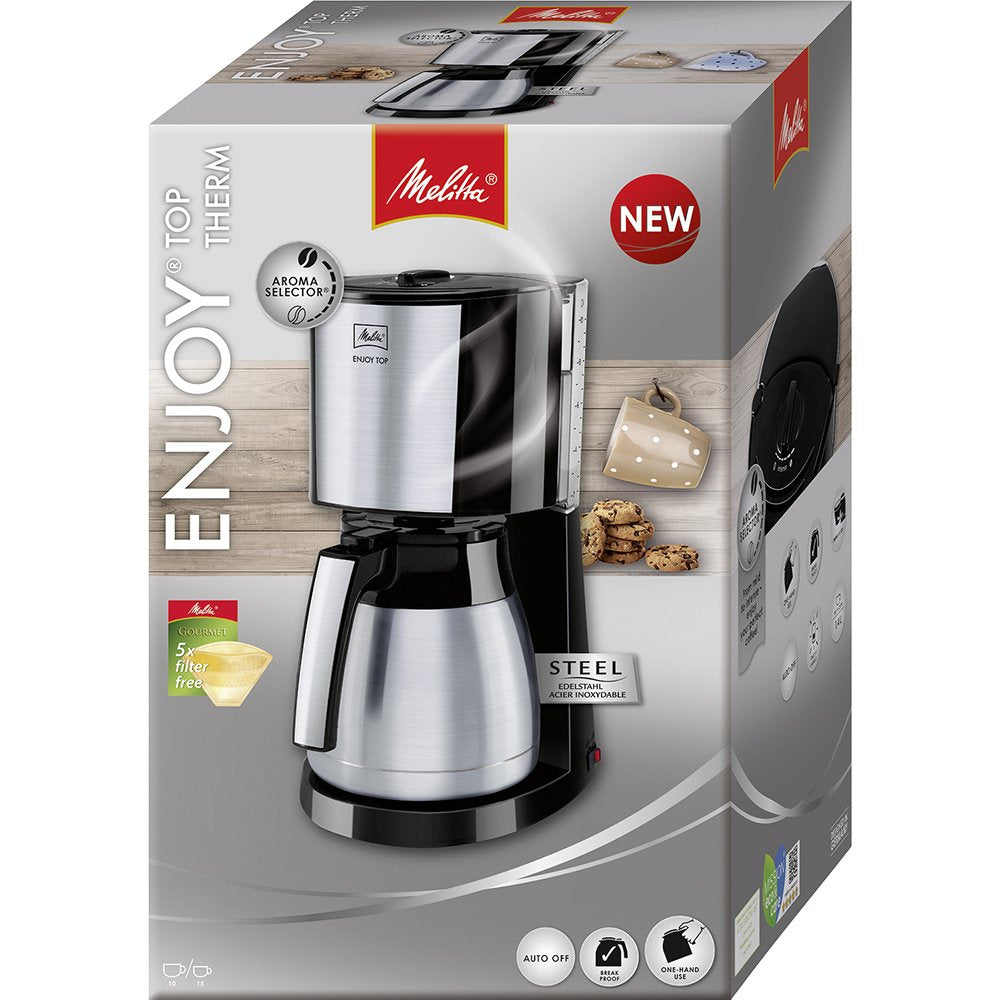 Melitta Enjoy Top Therm – filter coffee machine with stainless steel thermal jug, for up to 10 cups of coffee, in black/stainless steel - 1017-08