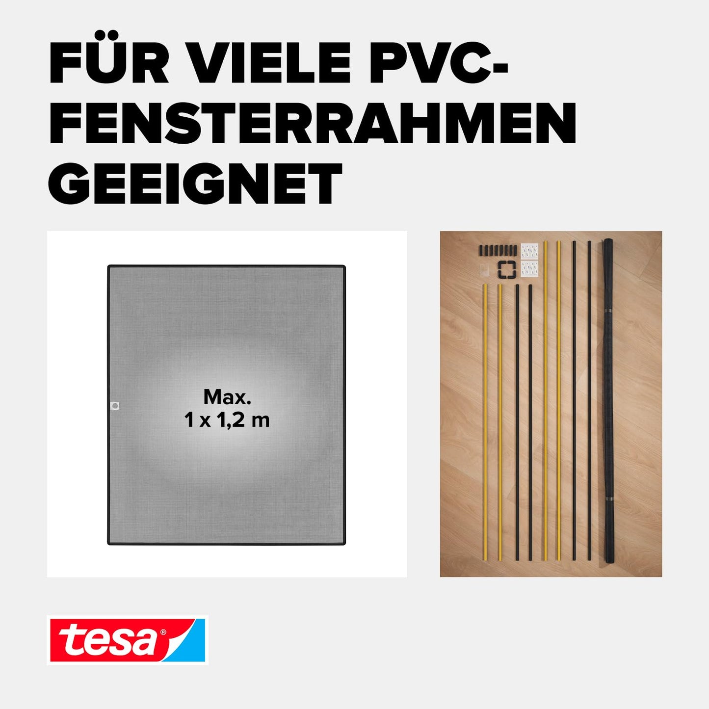 tesa Insect Stop clip-on frame fly screen for windows - for PVC windows - cuttable frame, fiberglass net, self-adhesive holding clips - 1.0 x 1.2 m - anthracite (clear) - 55360-00000-00