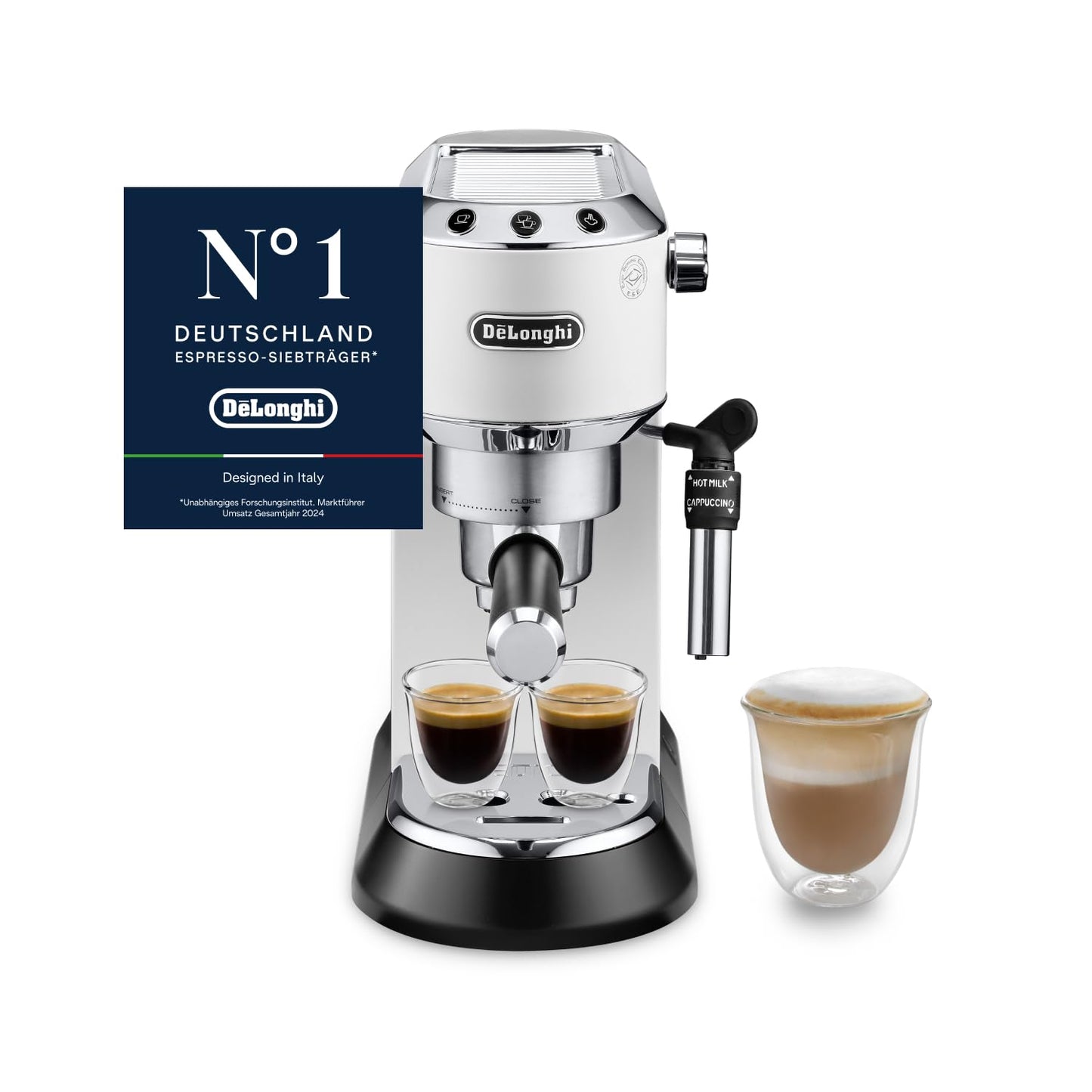 De'Longhi Dedica Style - Perfetto compact portafilter machine espresso machine with buttons, manual milk frother for espresso and cappuccino, ESE pad suitable, 15cm wide, white (EC685.W)