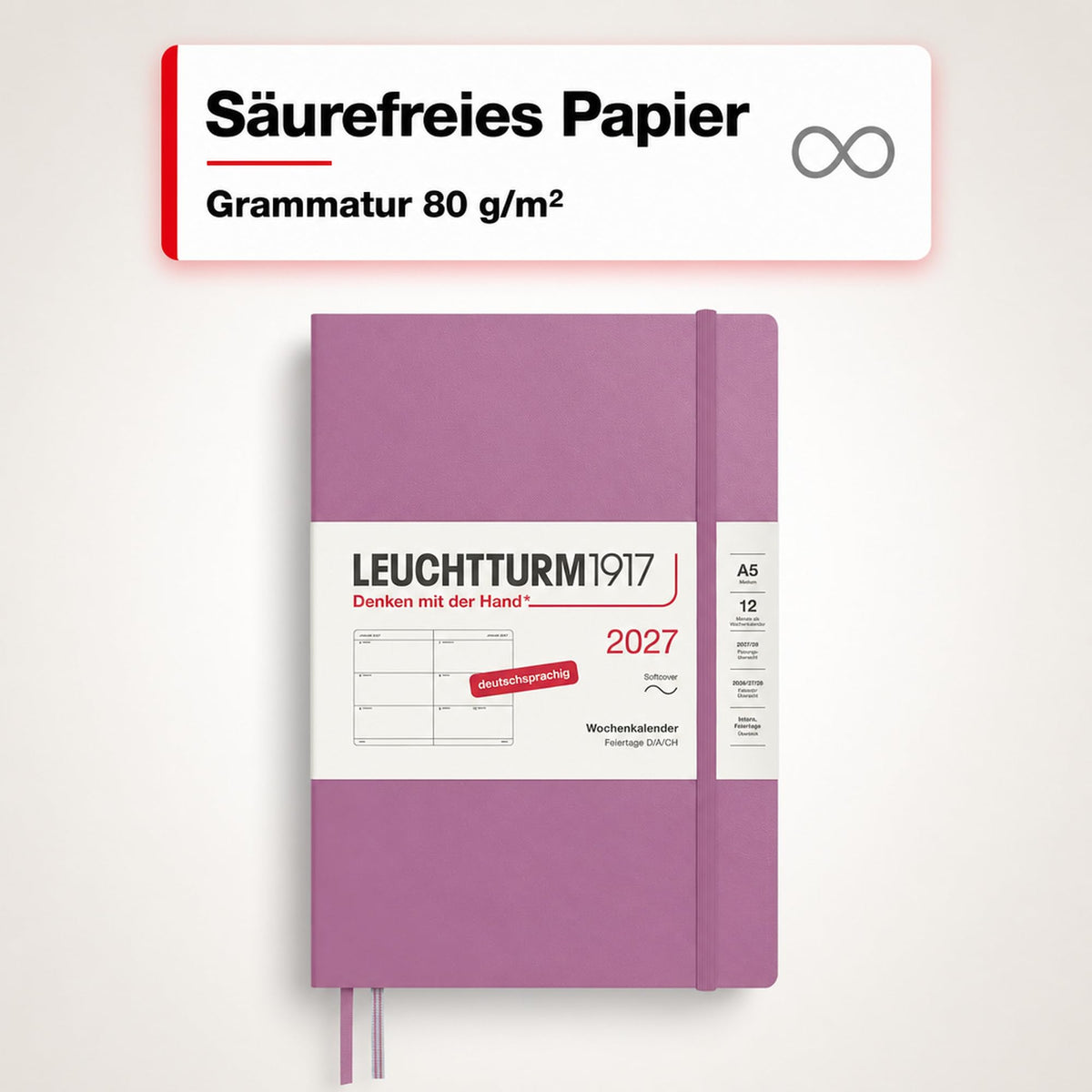LEUCHTTURM1917 Calendar săptămânal 2027 Mediu (A5) - German, Dusty Rose, Softcover, 145 x 210 mm, 12 luni - ianuarie-decembrie 2027, 1 săptămână pe pagină dublă, hârtie de 80 g/m² cu compatibilitate ridicată cu cerneală - 400127