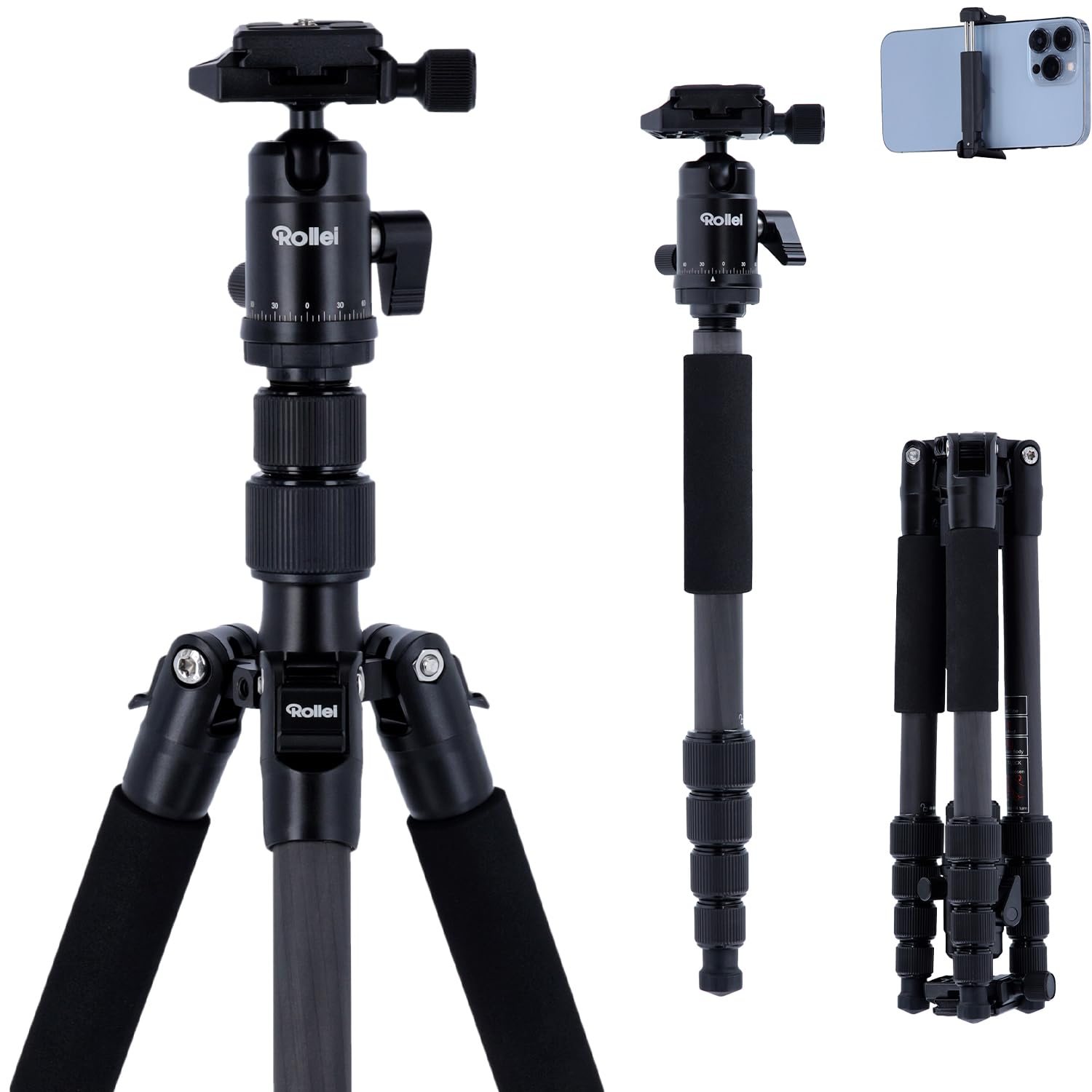Rollei Compact Traveler No.1 Carbon Black, 145cm camera tripod Lightweight travel tripod with ball head Arca Swiss compatible Compact photo tripod with monopod function for DSLR & smartphone Pack size 34cm - 22578