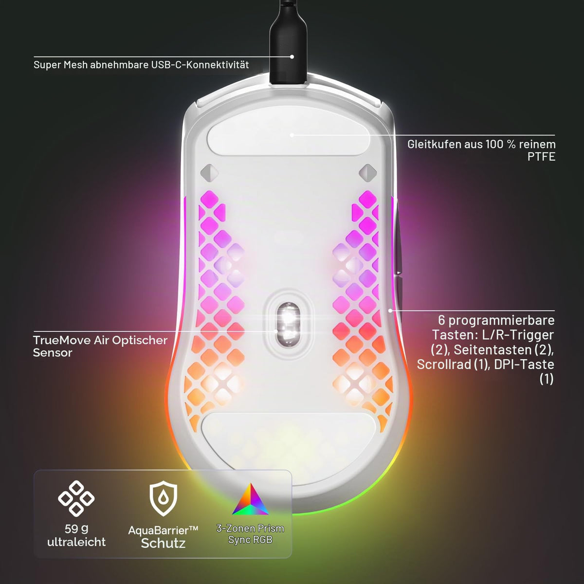 SteelSeries Aerox 3 Wireless - RGB Gaming Mouse with Surface Holes - Ultra-lightweight, water-resistant design - Optical TrueMove Air Sensor with 18,000 DPI - Snow - 62608