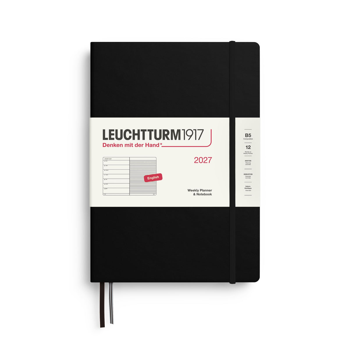 LEUCHTTURM1917 weekly calendar 2027 Composition (B5) with notebook, lined - appointment planner English, black, hardcover, 178 x 254 mm, January-December 2027, weekly overview on the left + note page on the right - 400205