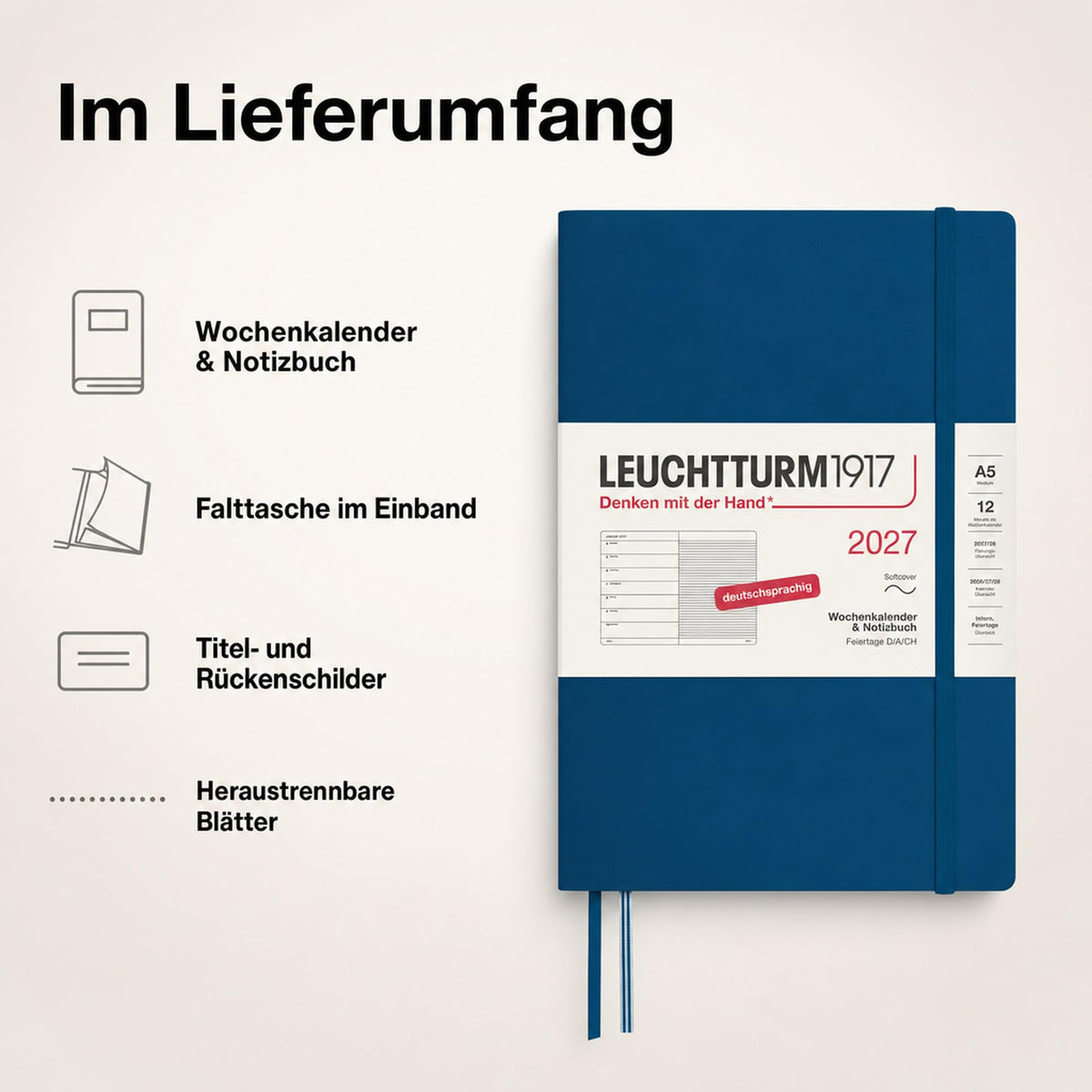 LEUCHTTURM1917 Weekly Calendar 2027 Medium (A5) with Notebook - German Diary, Indigo, Softcover, January-December 2027, Weekly Overview on the Left + Notes Page on the Right - 400074