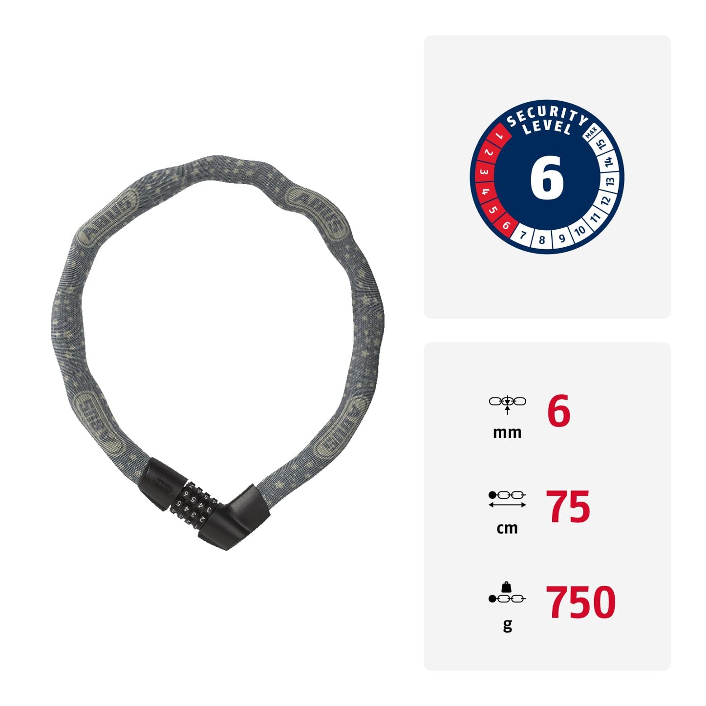 ABUS chain lock Tresor 1385/75 Gray Star - combination lock made of hardened steel - 6 mm thick square chain - ABUS security level 6 - 75 cm - gray - 88010