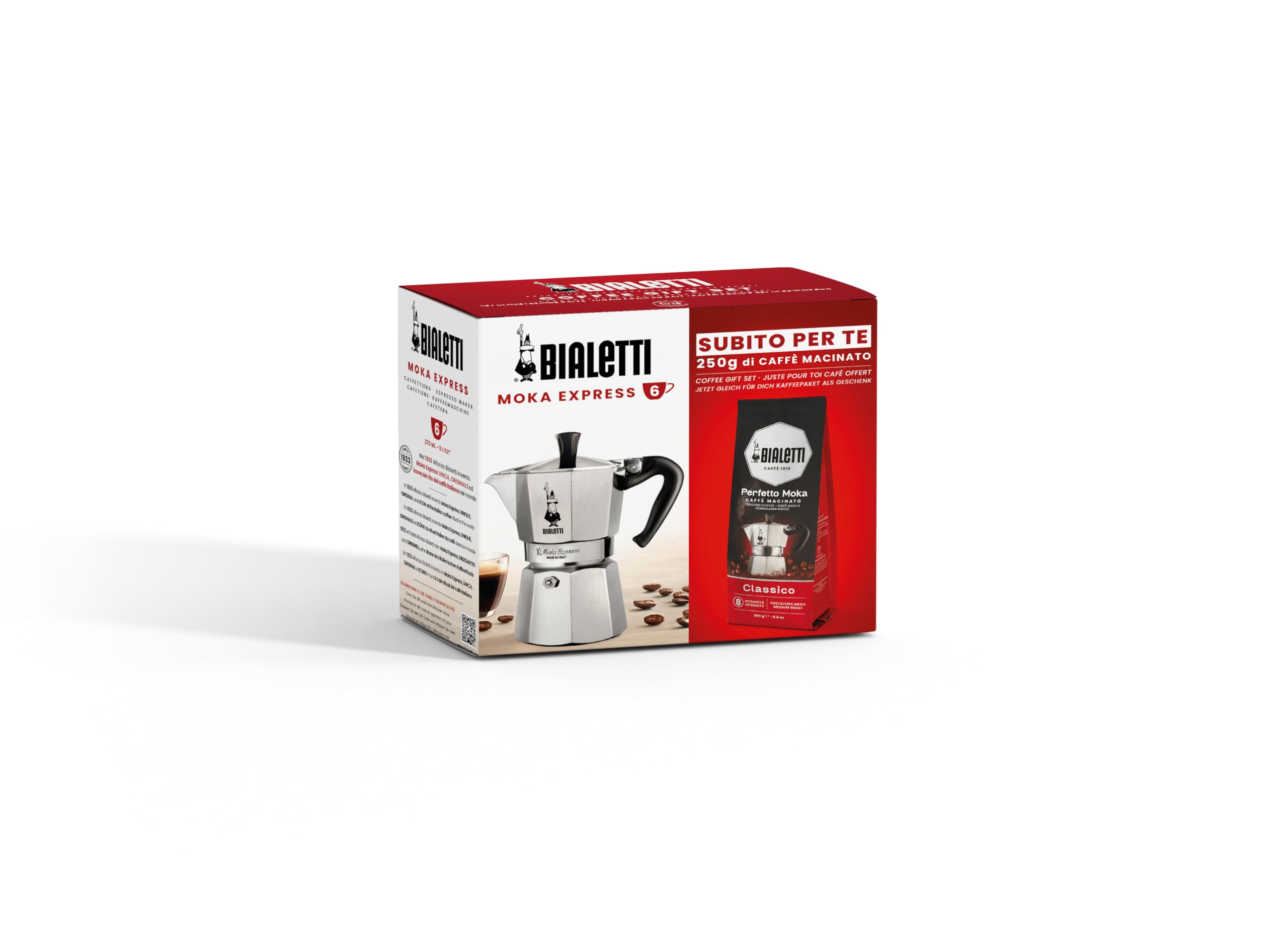 Bialetti espresso maker Moka Express for 6 cups, plus 250 g Perfect, not induction compatible, (250 ml), aluminum, red - 0003545