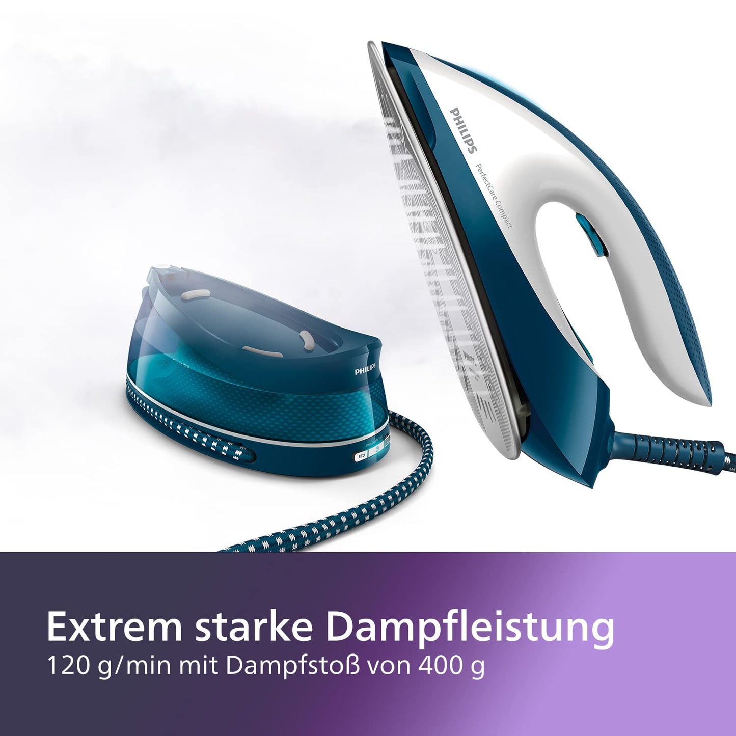 Philips Domestic Appliances Perfect Care Compact steam iron station - OptimalTemp technology, 120 g/min continuous steam, 2400 watts, 6.5 bar pressure, 1.5 L water tank, SteamGlide soleplate, blue (GC7844/20)