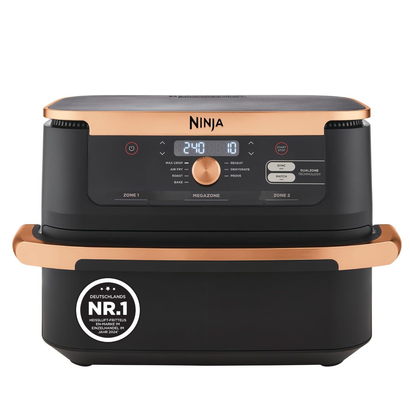Ninja Foodi FlexDrawer Dual Zone Air Fryer, Air Fryer with 10.4 Compartment and Removable Divider, Non-Stick Coating, Dishwasher Safe Basket, 7-in-1, Black & Copper, AF500EUCP