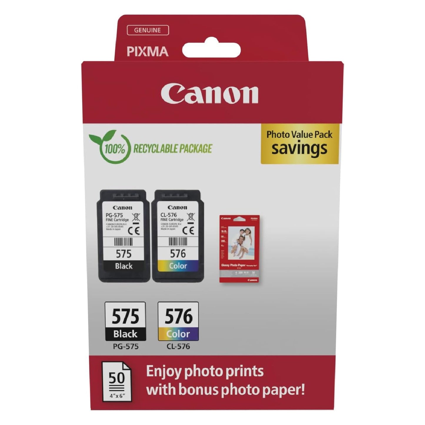 Canon Ink Cartridges & Paper Multipack - PG-575/CL-576 Original Printer Cartridges Pack of 2 (1 x Black, 1 x Color) & 4x6 Photo Paper (50 Sheets) - 5438C004