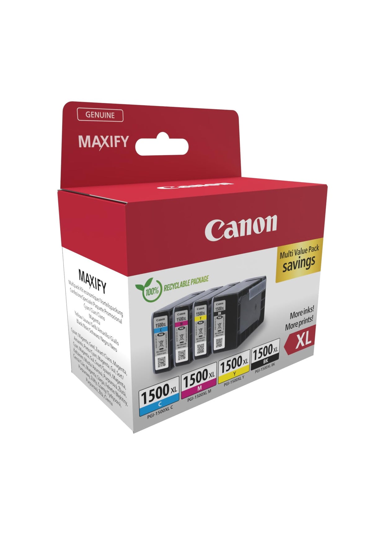 Canon PGI-1500 XL C M Y BK Advantage Pack 4 Ink Cartridges with larger range XL (Black, Cyan, Magenta, Yellow) Original [Recyclable cardboard packaging 2024] - 9182B010
