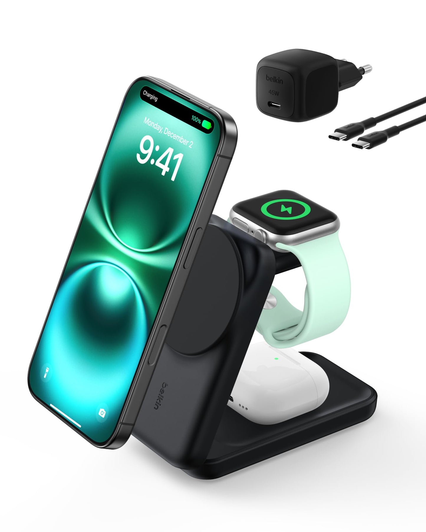 Belkin UltraCharge 3 in 1 charging station with Qi2.2, 25W, charger MagSafe compatible, inductive charging station for iPhone 17, iPhone Air, Apple Watch, AirPods, Pixelsnap, with 45 W adapter - black - WIZ036kqBK