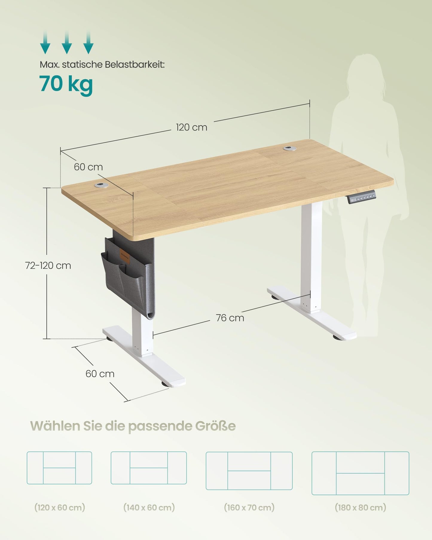 SONGMICS Height-adjustable desk electric, 120 x 60 cm, memory function with 4 heights, USB-C port, golden oak color LSD132YA01 - LSD026X01