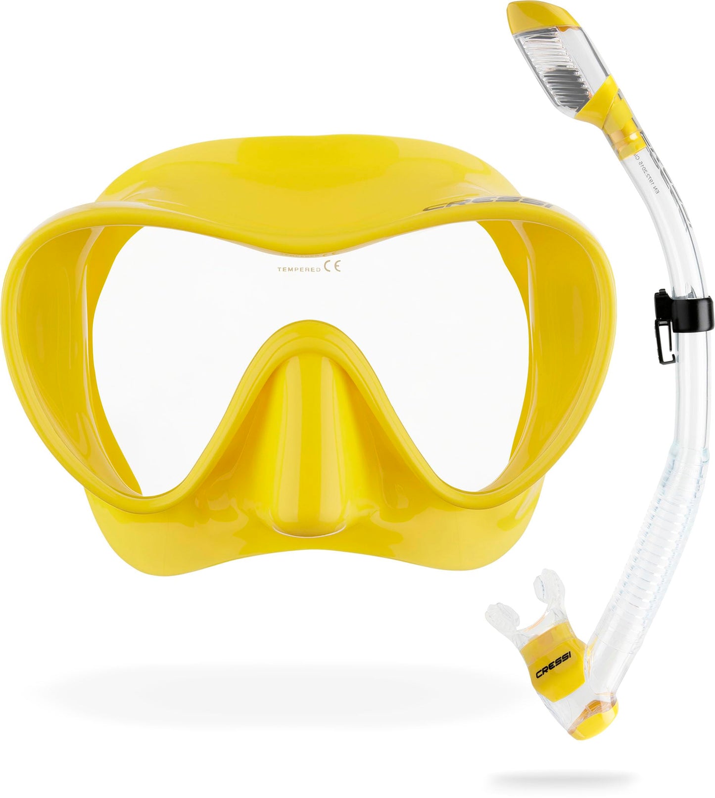Cressi Frameless Diving Mask F1 - Fog-free Glass Lens, Diving Goggles - Ergonomic Silicone Rim, Snorkel Mask - Dry Snorkel & Snorkel Set - Clear/Yellow - Combo Set - YDS281010