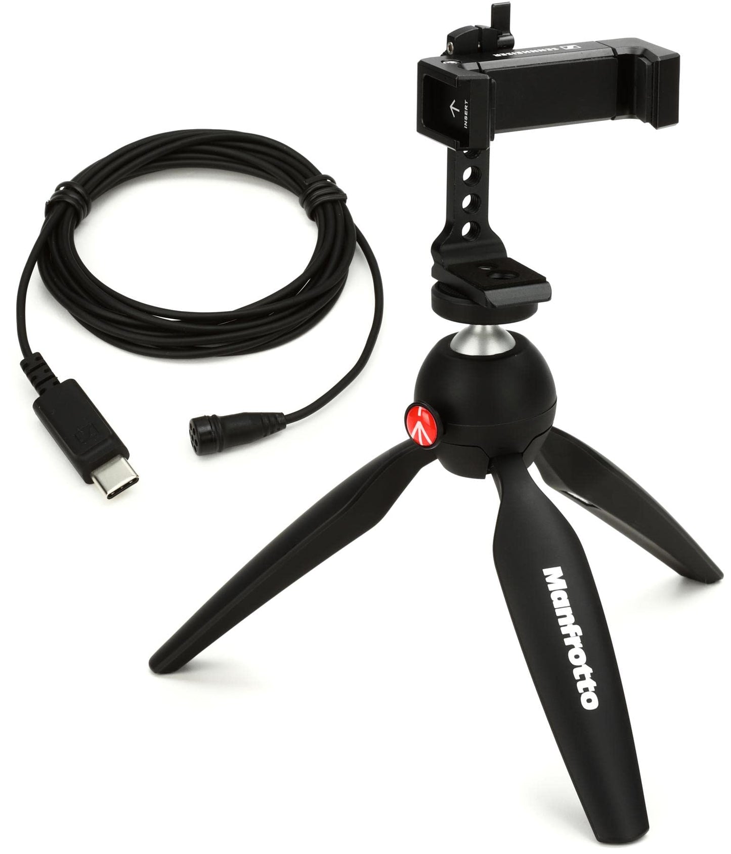 Sennheiser XS Lav USB-C Mobile Kit | Omnidirectional Clip-On Lav Microphone with Smartphone Clamp & Manfrotto PIXI Mini Tripod | Includes USB-C port & 2M cable | Black (509259)
