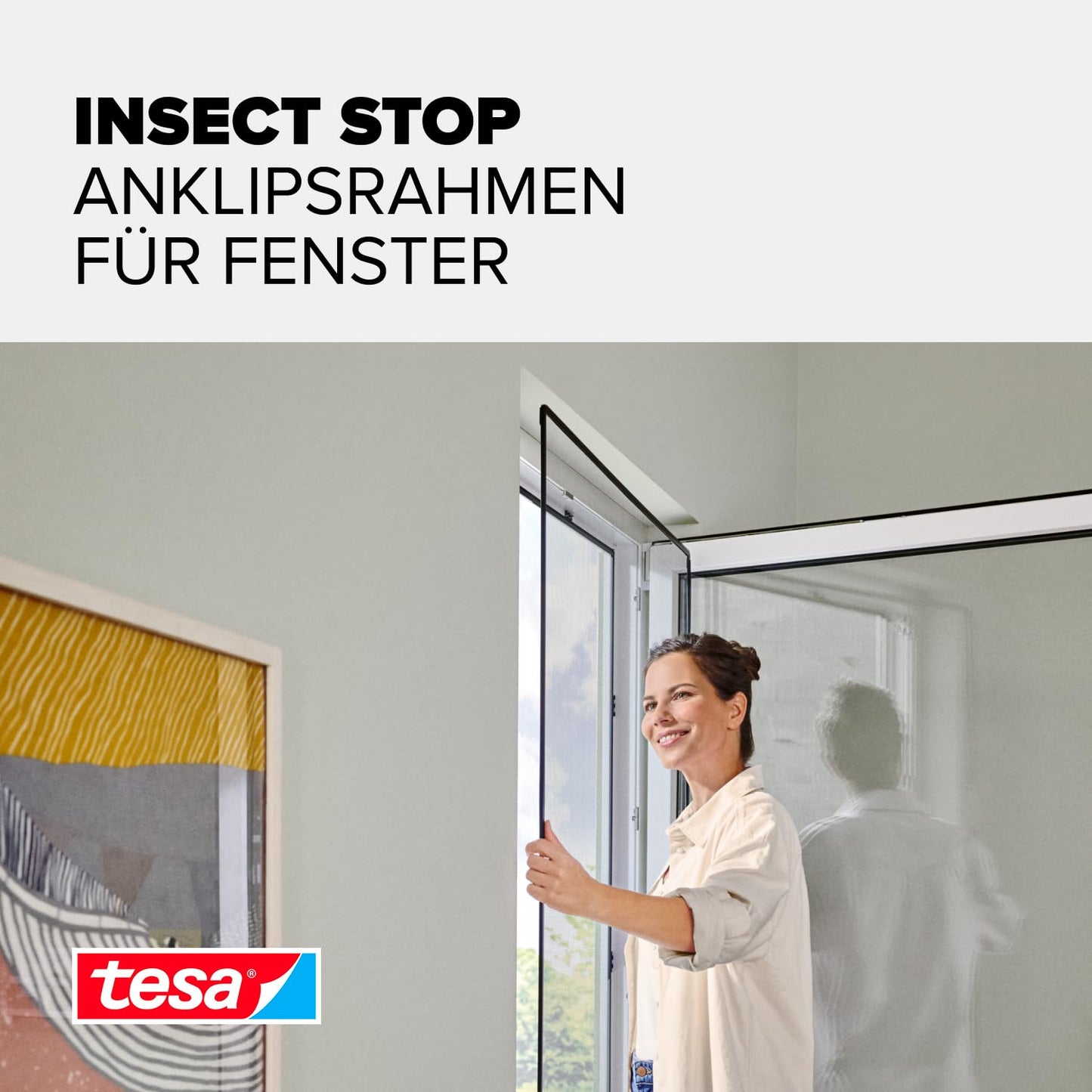 tesa Insect Stop clip-on frame fly screen for windows - for PVC windows - cuttable frame, fiberglass net, self-adhesive holding clips - 1.0 x 1.2 m - anthracite (clear) - 55360-00000-00