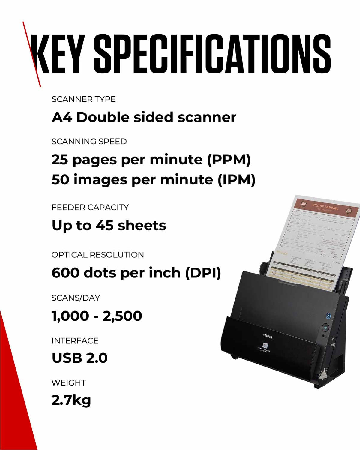 Canon DR-C225 II - imageFORMULA Document Scanner (Duplex, Feed, Color, 600dpi, 25 Pages/Min, PDF OCR, Compact, Black) - 3258C003