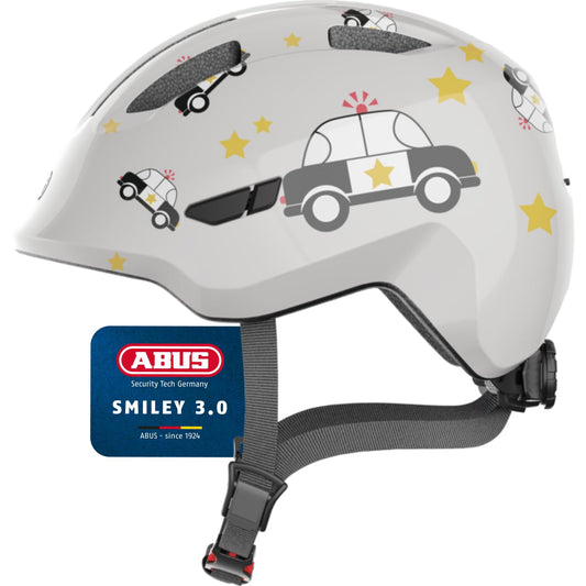 ABUS children's helmet Smiley 3.0 - bicycle helmet with a deep fit, child-friendly designs & space for a braid - for girls and boys - gray with car pattern, size S - 67269
