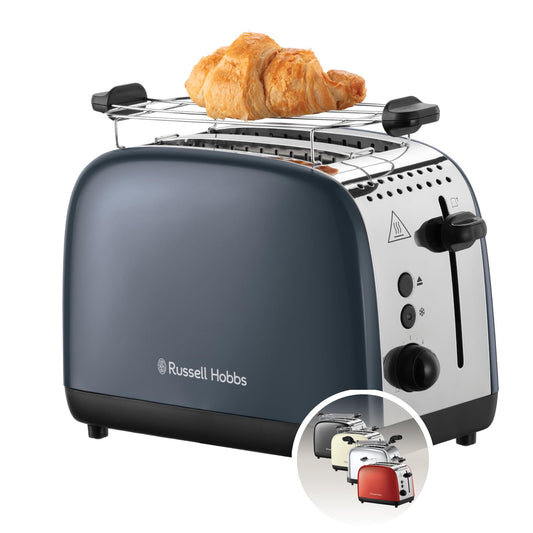 Russell Hobbs Toaster [for 2 slices] Colours Plus Stainless Steel Grey (extra wide toasting slots, includes bun warmer, 6 browning levels + defrost function, Lift & Look function, 1600W) 26552-56